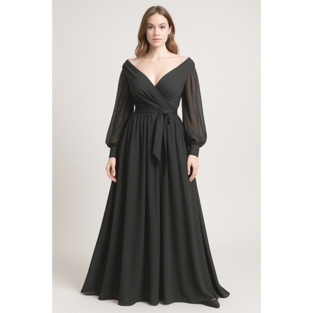 POMUYOO Black V Neck Long‎ Sleeve Wrap Empire Waist Maxi Dress Formal Gown 49-36